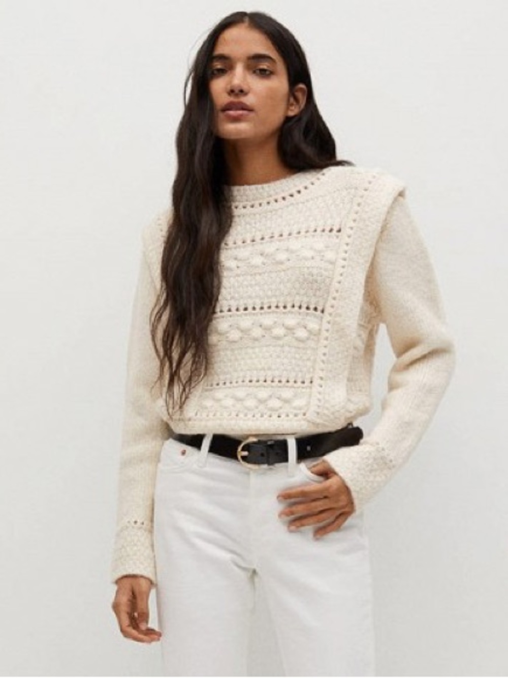 NWT Mango Ecru Alpaca Wool Openwork Bobble Knit Structured Shoulder Sweater S
